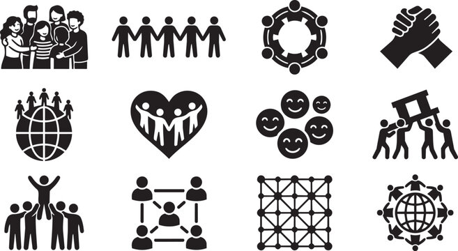 Black people icons, teamwork symbols, community signs, social connection graphics, 12 vector illustrations
