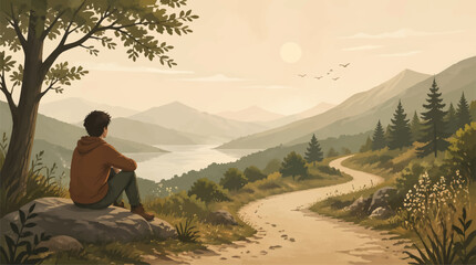 Young Person Sitting on Rock Overlooking Serene Mountain Valley and Winding Road at Sunrise with Birds Flying © Nuryanti