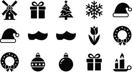 Naklejka premium Netherlands winter holiday collection Dutch culture windmill wooden shoes tulip and Christmas celebration elements icons set vector