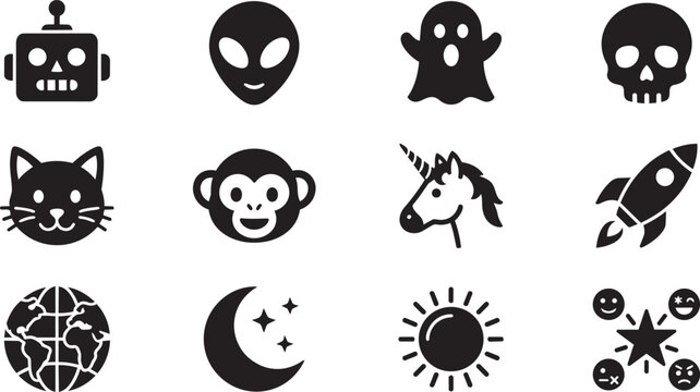 Black Icons Set, Funny Faces, Cartoons, Emoticons, Vector Graphics
