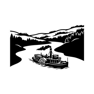 Black and white of a vintage paddlewheel steamboat traveling down a river through a hilly landscape on white