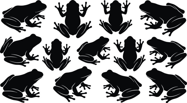 Tropical tree frog collection amphibian wildlife exotic pond animal nature toad swamp fauna black silhouettes icons set vector
