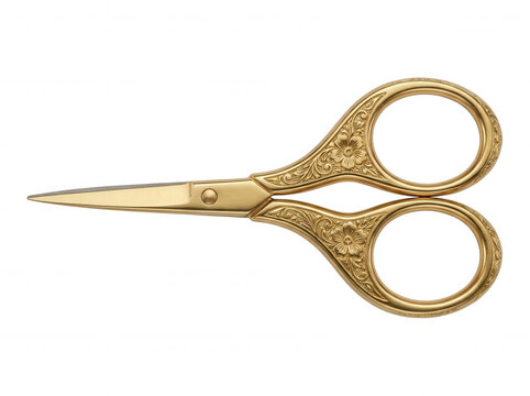 Polished gold embroidery scissors with gold rings isolated on a transparent background
