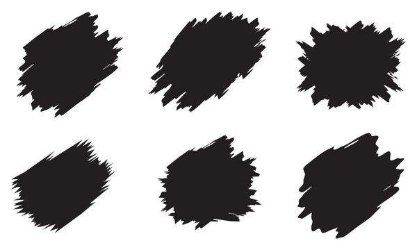Distressed black ink brush strokes. Rough grunge textures and artistic paint patches for graphic design elements.