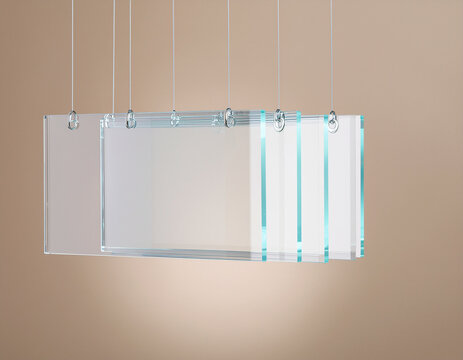 a minimalist concept of several transparent rectangular glass sheets suspended by thin vertical cables against a beige background
