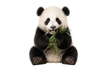 Adorable baby giant panda sitting upright while happily eating fresh bamboo leaves, isolated on a clean white background. Charming wildlife portrait with fluffy fur, front-facing pose, and a cheerful  © MJ iceberg
