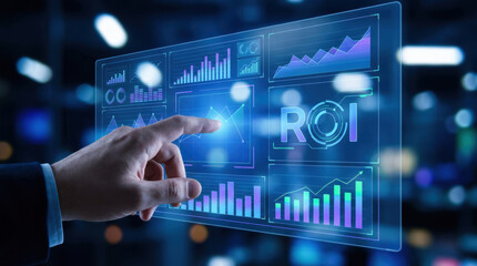 Fototapeta premium ROI growth and cost efficiency are analyzed on futuristic transparent digital screen with hand pointing at data charts for business success