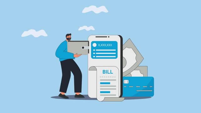 2d animation footage people bill payment cashless payment method. Digital payment concept. isolated on blue background
