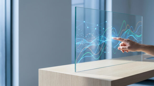 Futuristic transparent screen with digital data waves and hand pointing to it representing roi growth cost and efficiency in technology