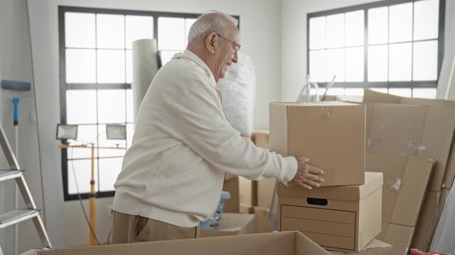 Elderly man smiling with moving boxes and arms crossed in a building interior amid ladder, tape and packing materials preparing a move; pride.