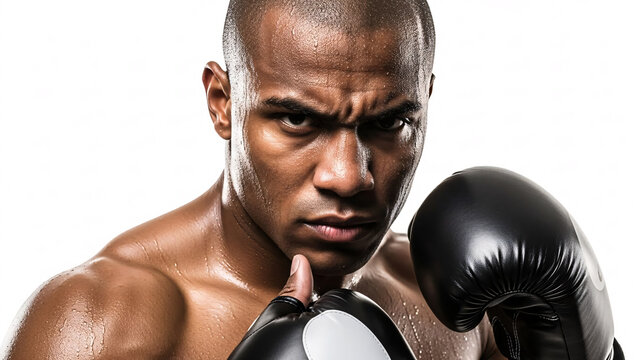 Intense Male Boxer with Focused Expression Wearing Boxing Gloves Ready for Fight in a Studio Setting