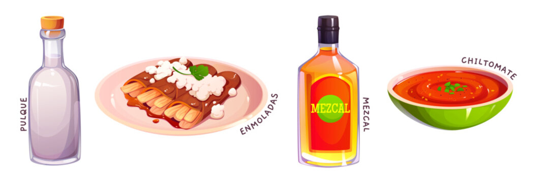 Cartoon Mexican cuisine food and alcohol drinks of Mexico traditional dishes and beverages. Mexican cuisine enmoladas with chiltomate spicy tomato salsa sauce, mezcal and pulque or agave wine octli