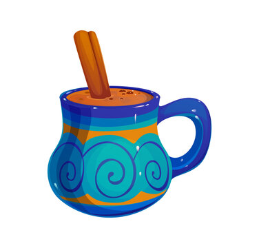 Champurrado Mexican chocolate drink and traditional beverage of atole in cup. Champurrado cup with cinnamon stick, Mexican hot chocolate in porcelain ceramic mug with ornament art of Mexico