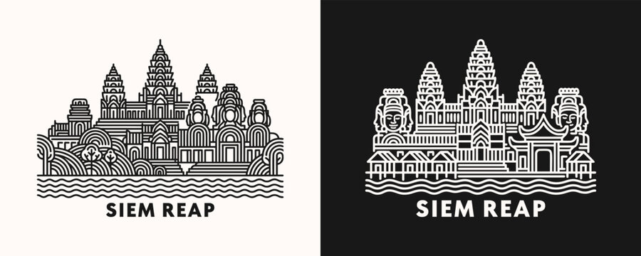 Siem Reap Cambodia Cityscape Featuring Ancient Temple Ruins and Historic Pagodas in Minimalist Line Art Vector