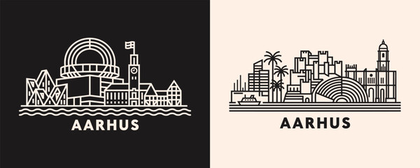 Aarhus Denmark Cityscape Featuring Modern Art Museum and Historic Cathedral in Minimalist Line Art Style © Quivr