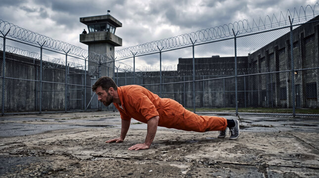 Athletic prisoner doing push-ups in fenced prison yard with security fences, guard towers and cloudy sky. Prison exercise concept