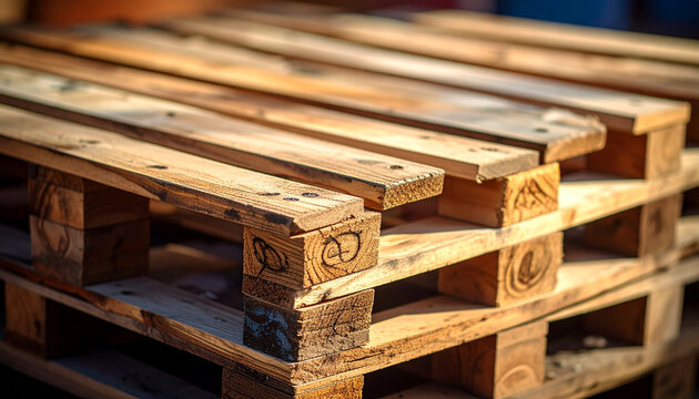 Wooden pallets stacked close up
