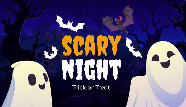 Spooky Halloween holiday banner with smiling ghosts, flying bats and creepy graveyard under the night sky, dark twisted trees and tombstones. Halloween trick or treat vector banner with funny ghosts