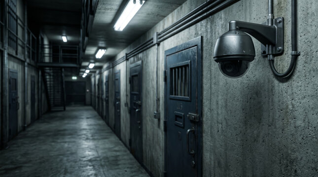 Prison surveillance camera in dim correctional corridor with cold fluorescent lighting, concrete walls, metal textures, blurred hallway and copy space. Security concept