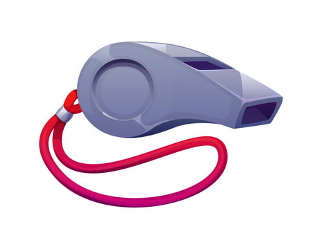 Sport referee whistle of european football game equipment and soccer cartoon item. Referee coach whistle for game signal in European football or soccer sport for penalty or game timeout sign