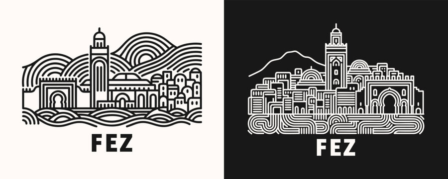 Fez Morocco Cityscape Featuring Historic Medina Walls and Minarets in Minimalist Line Art Vector Design