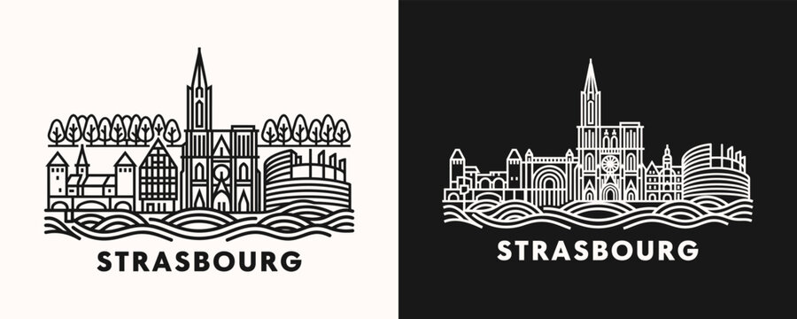 Strasbourg France Cityscape Featuring Gothic Cathedral and Timbered Houses in Minimalist Line Art Vector