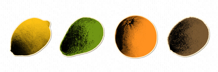 Fototapeta na wymiar Fruits collection in halftone pop art style. Lemon, avocado, kiwi, and orange stickers in vintage style. Set of cut out paper fruits with halftone dot texture. Vector