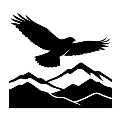 Black silhouette of a soaring eagle flying above a mountain landscape, isolated on a white background, for outdoor themes © Rifat