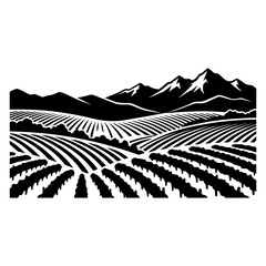 Fototapeta premium Black silhouette of a vineyard landscape with rows of grapevines and mountains in the distance, isolated on a white background