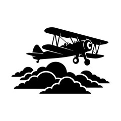 Black silhouette of a vintage biplane flying above clouds, isolated on a white background, aviation travel retro aircraft © Rifat