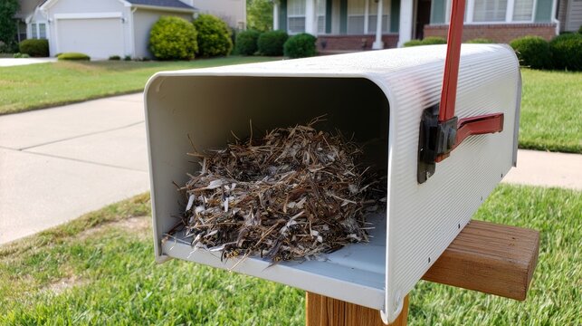 Mailbox filled with dry leaves and grass sits on a post in a suburban neighborhood in daytime