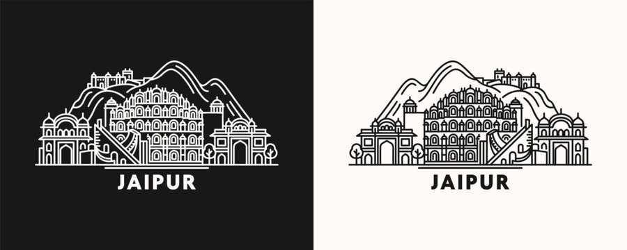Jaipur India Cityscape Featuring Historic Palace Architecture and Hill Forts in Minimalist Line Art Vector Design
