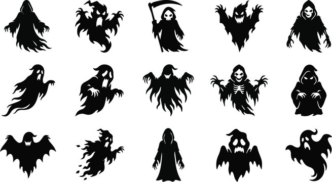 Halloween bundle set grim reaper silhouette spooky flying ghost graphics