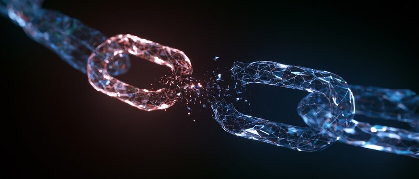 Broken chain link symbolizing a rupture in connection and separation between two strong entities in a digital space