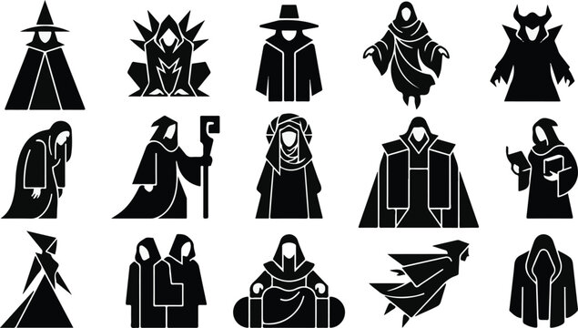 Halloween bundle set dark wizard silhouettes evil cultist necromancer icons