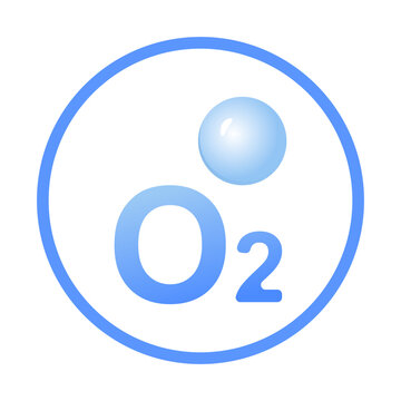Oxygen O2 gas molecule icon vector illustration. Minimalist blue atom formula symbol circle template graphic design isolated on white background for medical or science use.