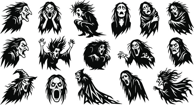 Halloween bundle set screaming zombie ghouls line art drawing pattern