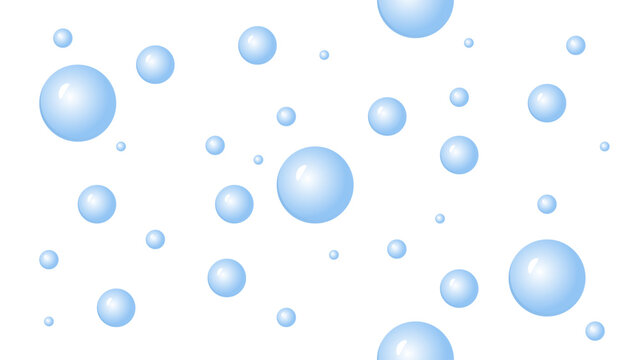 Floating blue water bubbles pattern background. Minimalist glossy soap or oxygen air bubbles template vector illustration isolated on white background for clean design.