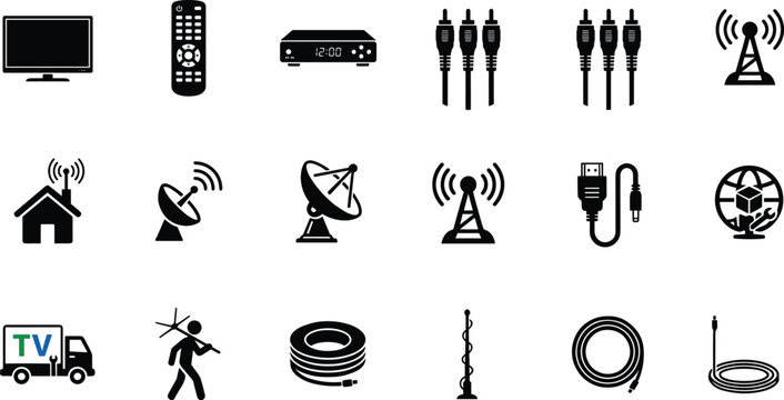 Television broadcast and satellite antenna installation vector icon set with signal cables and equipment