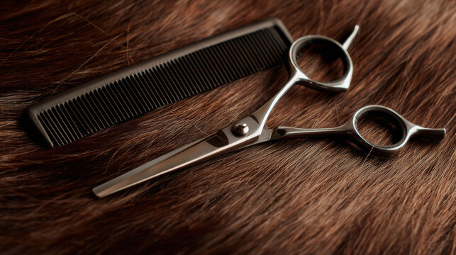 Hairdressing scissors and comb on brown hair