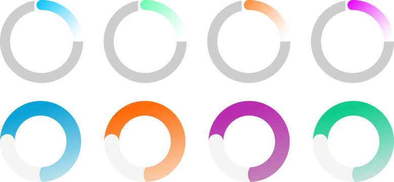 Minimalist circular loading progress bar set, colorful gradient buffer icons for web UI, 8 vector round status indicators for app interface.