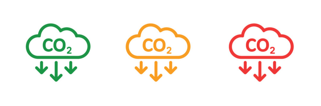 CO2 Emissions Icons with cloud symbols and downward arrows representing carbon reduction, climate protection, greenhouse gas management, environmental conservation, sustainability, and vector