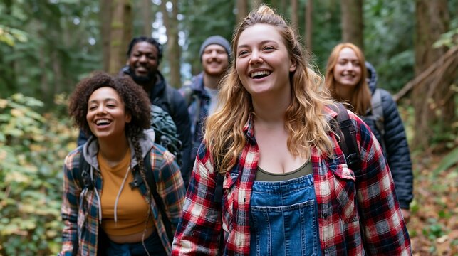 Friends hiking through a lush forest path enjoy the fresh air during their weekend outdoor adventure.