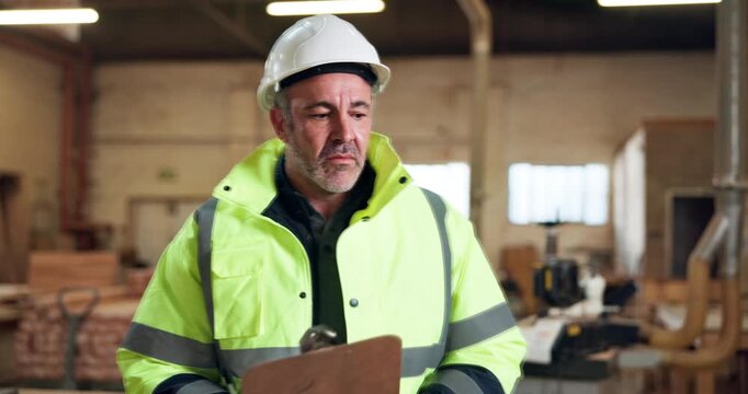 Woodwork, inspection and man with clipboard in warehouse for building or planning. Manufacturing, factory and person with checklist for workshop, safety and compliance for project maintenance