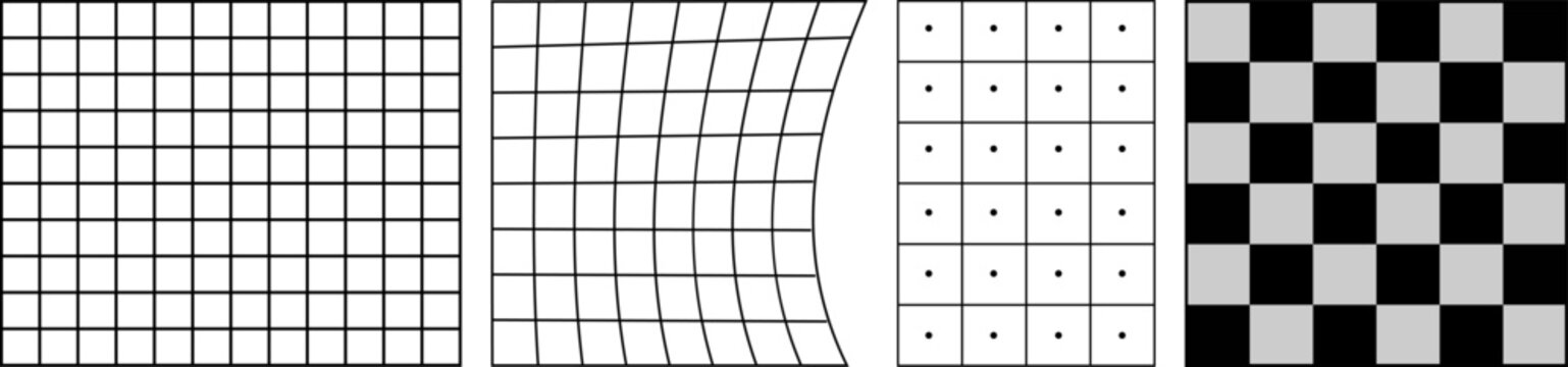 Geometric grid pattern set, minimalist black and white square textures, distorted mesh and checkered vector backgrounds for technical design.