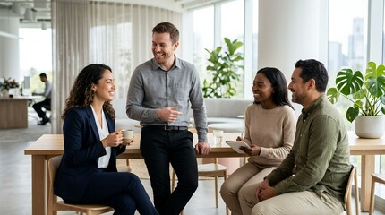 Obraz premium Four diverse business professionals smiling and chatting in a bright, modern office setting, enjoying a collaborative break.