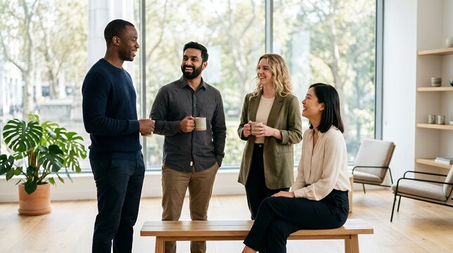 Four diverse business professionals having a casual conversation and coffee break in a modern, sunlit office space.