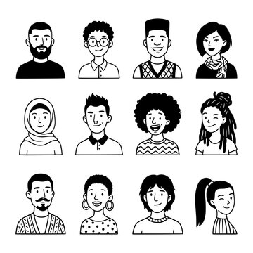 set of different people portrait in doodle cartoon hand drawn flat color vector illustration template design