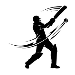 Black and white silhouette of a cricket batsman hitting a ball, featuring motion lines representing speed and dynamic sports action © SHARI