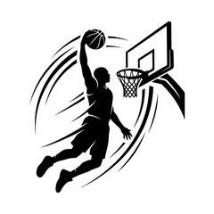 Black and white silhouette of a basketball player performing a powerful slam dunk into a hoop with dynamic motion lines © SHARI